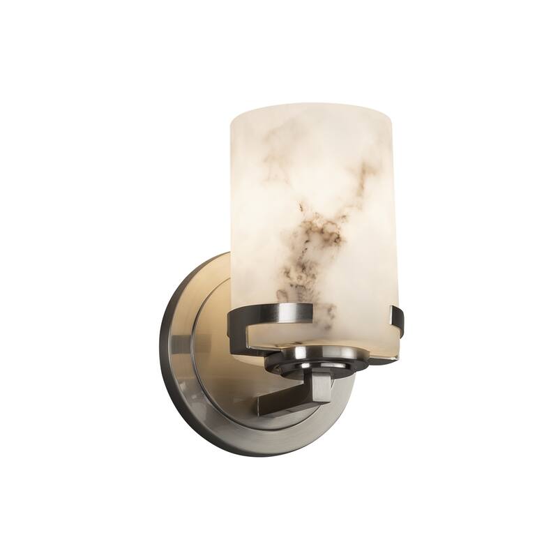 Justice Design LumenAria Atlas 1-light Brushed Nickel Wall Sconce, Faux Alabaster Cylinder - Flat Rim Shade
