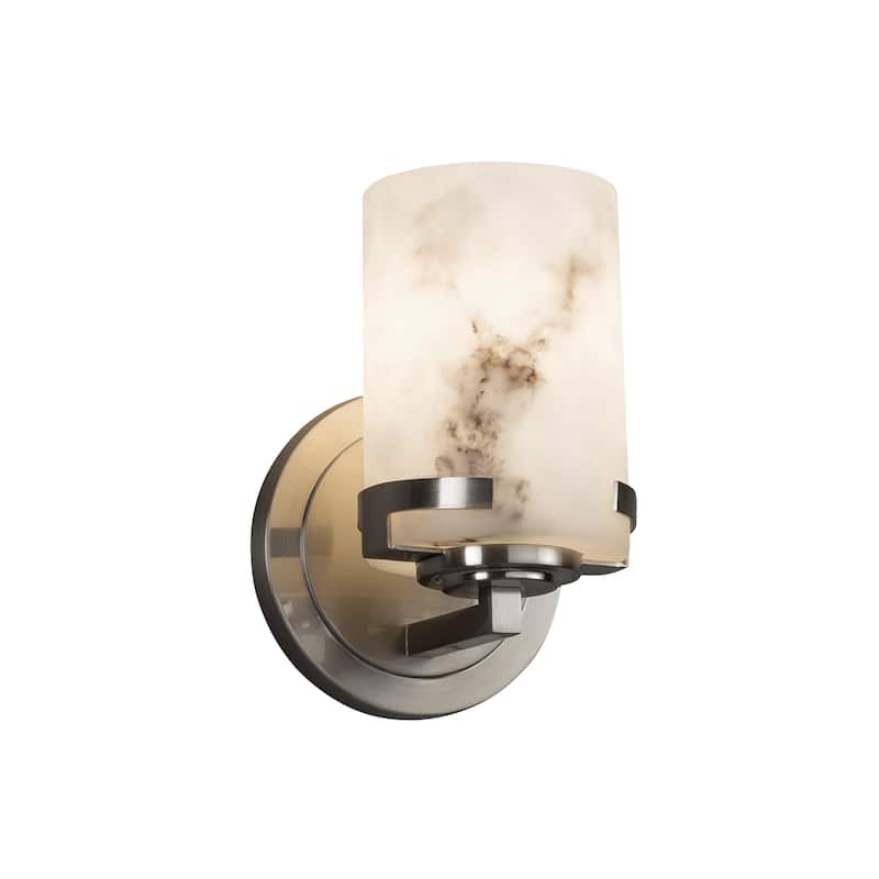 Justice Design LumenAria Atlas 1-light Brushed Nickel Wall Sconce, Faux Alabaster Cylinder - Flat Rim Shade