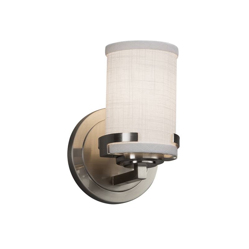 Justice Design Textile Atlas 1-light Brushed Nickel Wall Sconce, White Cylinder - Flat Rim Shade