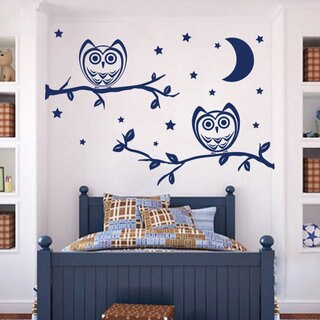 Owl Vinyl Sticker Moon Stars Interior Design Home Mural Kids Nursery Room Bedding Decor Sticker Decal (22 x 30) - Color Blue