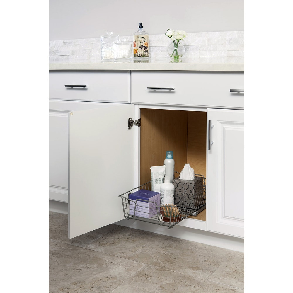 Storagebud 2 Tier Non-Slip Grip Kitchen Under Sink Organizer - Bathroom Cabinet Organizer with Utility Hooks and Side Caddy - 2 Pack - White