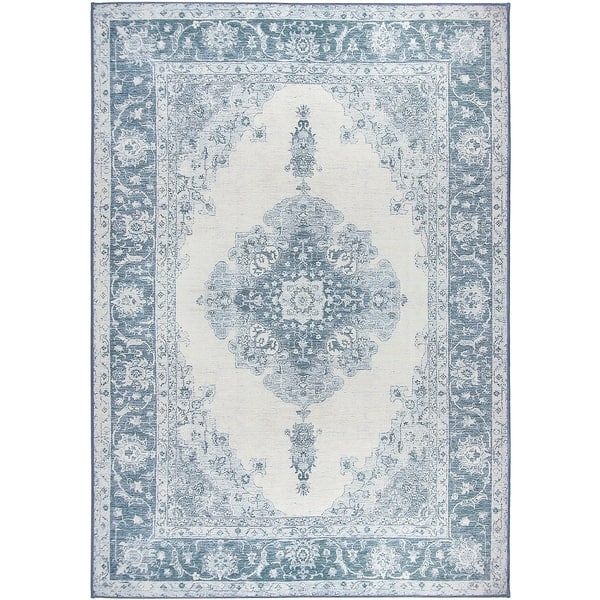 Ruggable 8' round blue multicolor rug with cushioned pad system