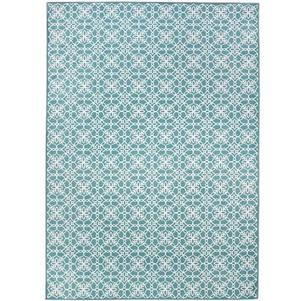 RUGGABLE Washable Stain Resistant Pet Area Rug Floral Tiles Aqua Blue