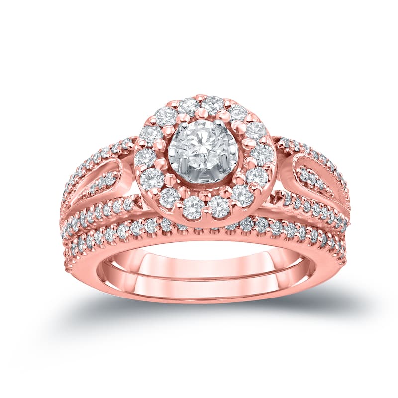 14k Gold 3/5ct TDW Round Diamond Halo Engagement Ring Set by Auriya