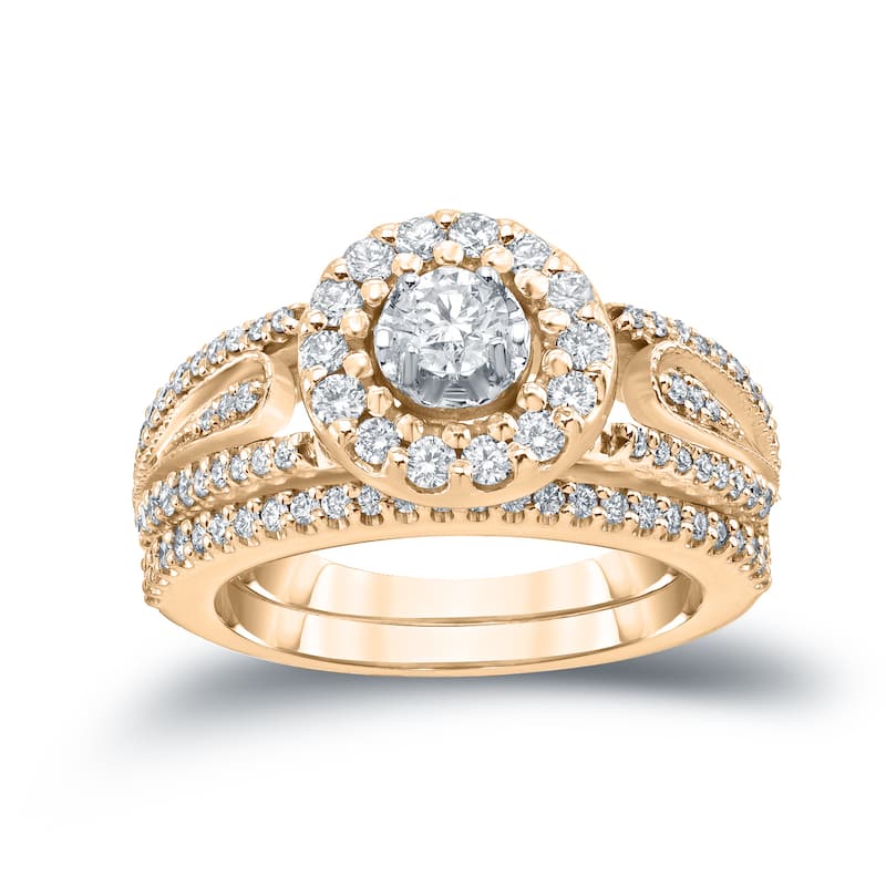14k Gold 3/5ct TDW Round Diamond Halo Engagement Ring Set by Auriya