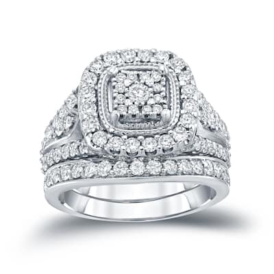 14k Gold 1 1/2ct TDW Vintage Inspired Diamond Halo Engagement Ring Set by Auriya