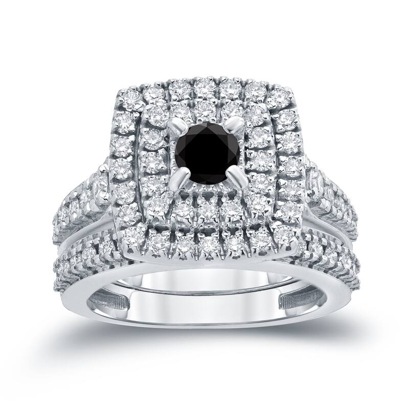 Auriya 1 3/5ctw Halo Black Diamond Engagement Ring and Wedding Band Set 14k Gold
