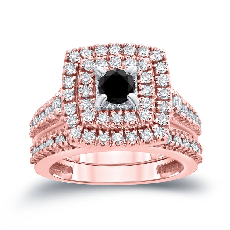 Auriya 1 3/5ctw Halo Black Diamond Engagement Ring and Wedding Band Set 14k Gold