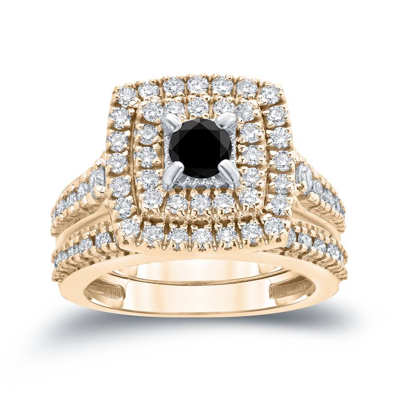 Auriya 1 3/5ctw Halo Black Diamond Engagement Ring and Wedding Band Set 14k Gold