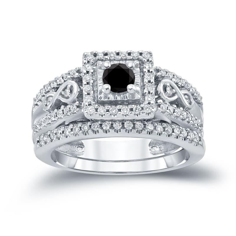 Auriya 3/5ctw Halo Black Diamond Engagement Ring Set 14k Gold