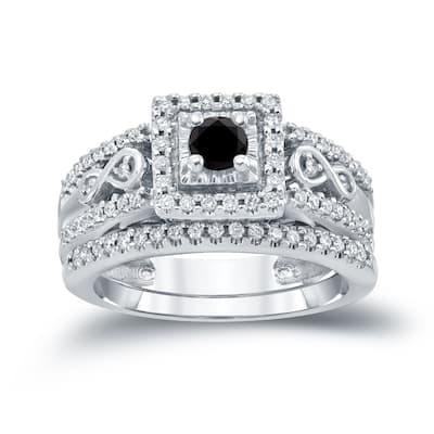 Auriya 3/5ctw Halo Black Diamond Engagement Ring Set 14k Gold