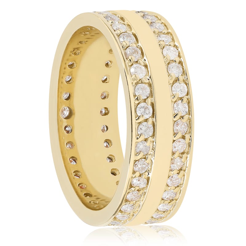 14K Yellow Gold 1 1/2 TDW Diamond Double Row Eternit Band Wedding High Polished Ring (I-J,I2-I3) - White