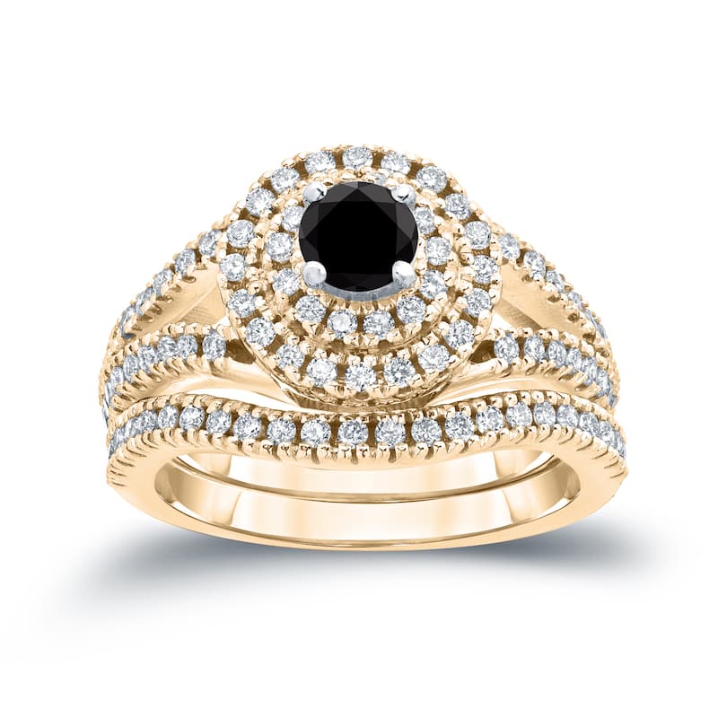 Auriya 1 1/5ctw Halo Black Diamond Engagement Ring Set 14k Gold