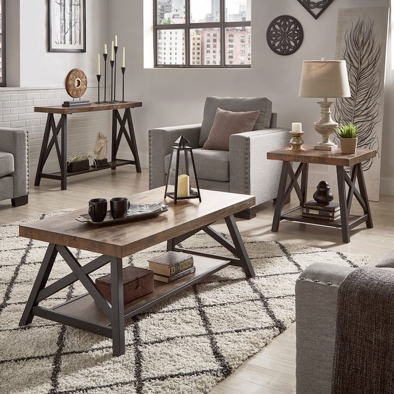 Bryson Rustic X-Base Accent Tables by iNSPIRE Q Classic - Cocktail Table, End Table, and Sofa Table - Brown