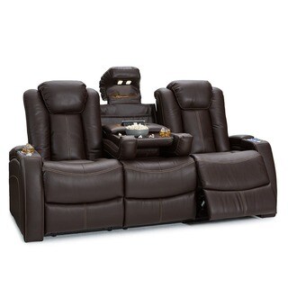 Seatcraft Omega Leather Gel Home Theater Seating Power Recline Sofa with Fold-Down Table and Cup Holders, Brown