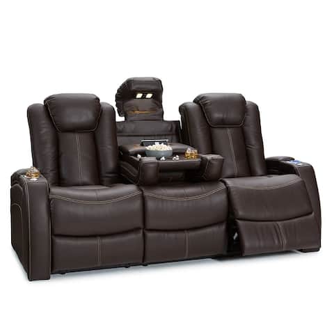 Seatcraft Omega Leather Gel Home Theater Seating Power Recline Sofa with Fold-Down Table and Cup Holders, Brown