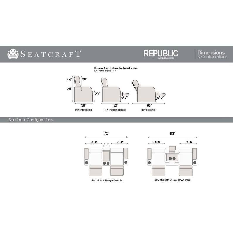 Seatcraft Republic Leather Home Theater Seating Power Recline Sofa with Fold Down Table and Cup Holders