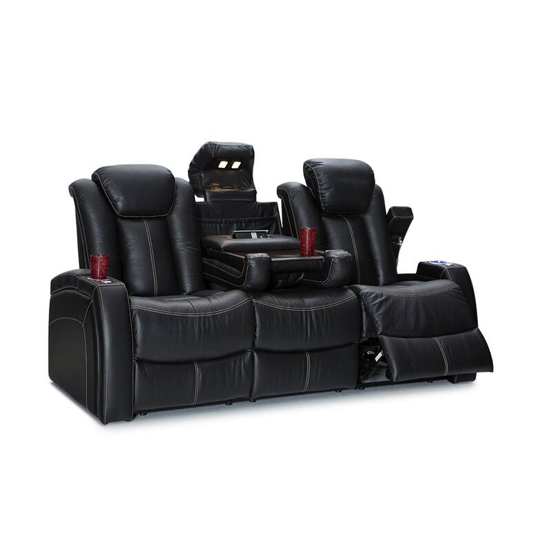 Seatcraft Republic Leather Home Theater Seating Power Recline Sofa with Fold Down Table and Cup Holders - Black