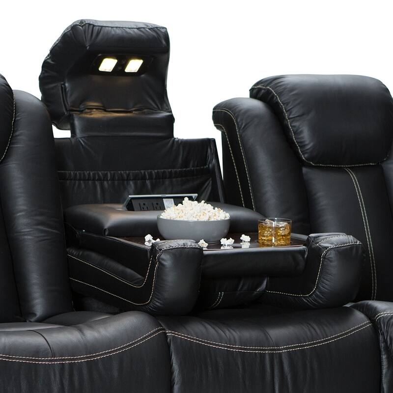 Seatcraft Republic Leather Home Theater Seating Power Recline Sofa with Fold Down Table and Cup Holders
