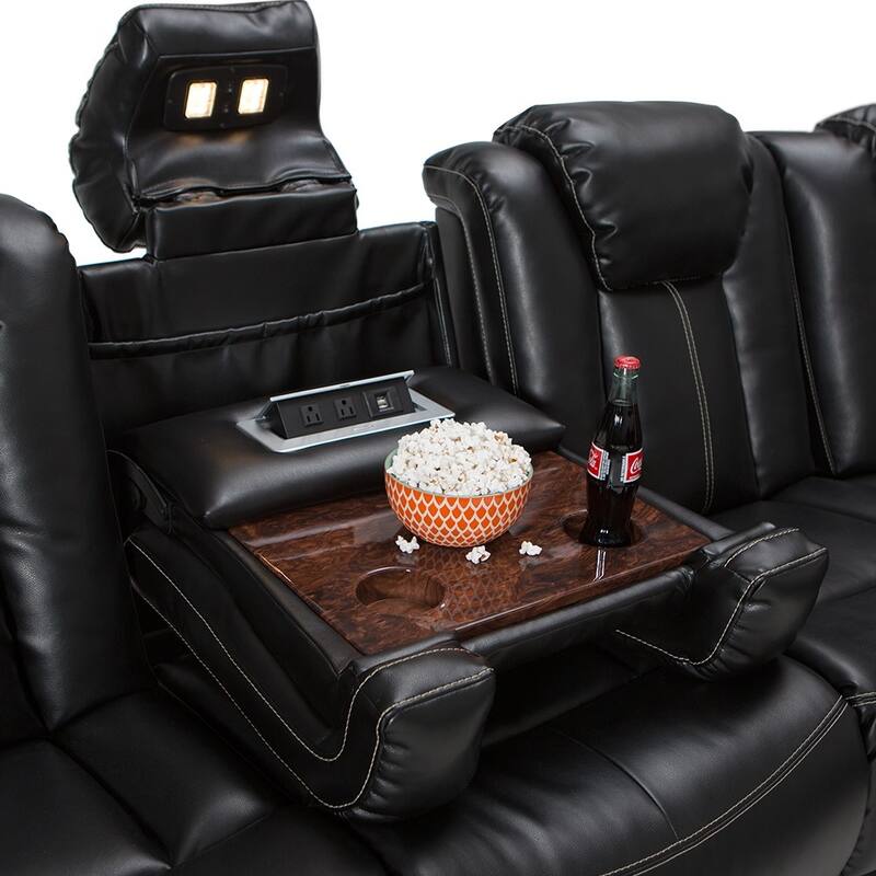 Seatcraft Republic Leather Home Theater Seating Power Recline Sofa with Fold Down Table and Cup Holders