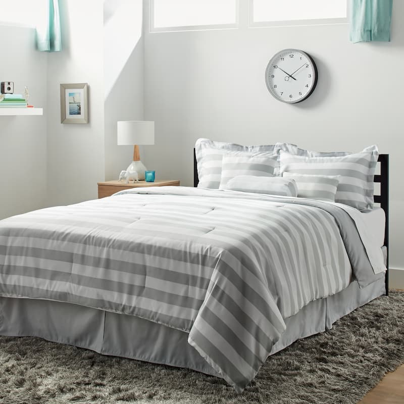 7-piece Horizontal Stripe Comforter Set - White/Taupe - Full