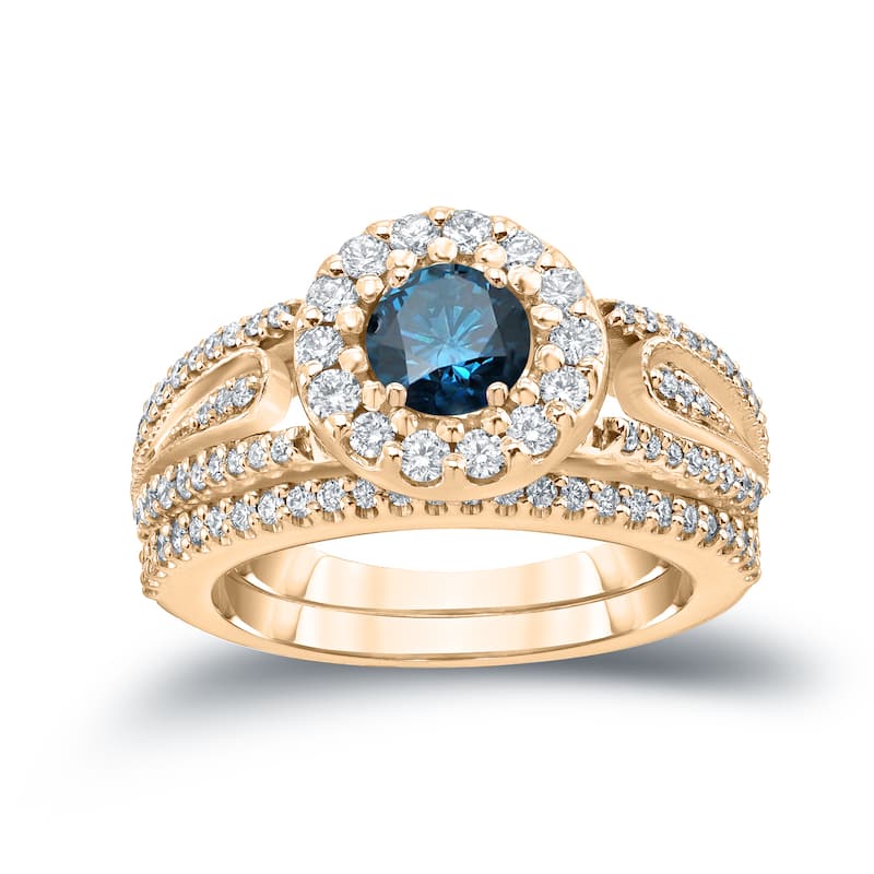 Auriya 1 3/5ctw Blue Halo Diamond Engagement Ring Set 14k Gold