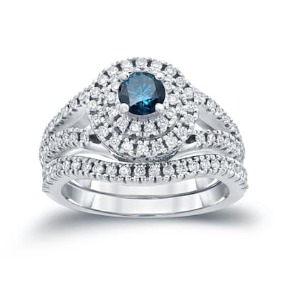 Auriya Round 1 1/5ctw Halo Blue Diamond Engagement Ring Set 14k Gold