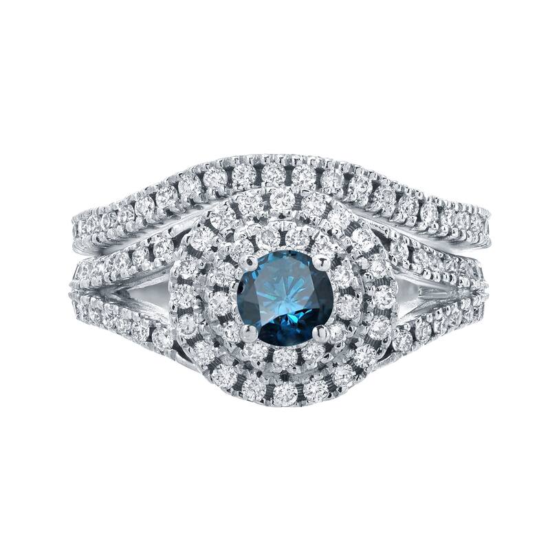 Auriya Round 1 1/5ctw Halo Blue Diamond Engagement Ring Set 14k Gold