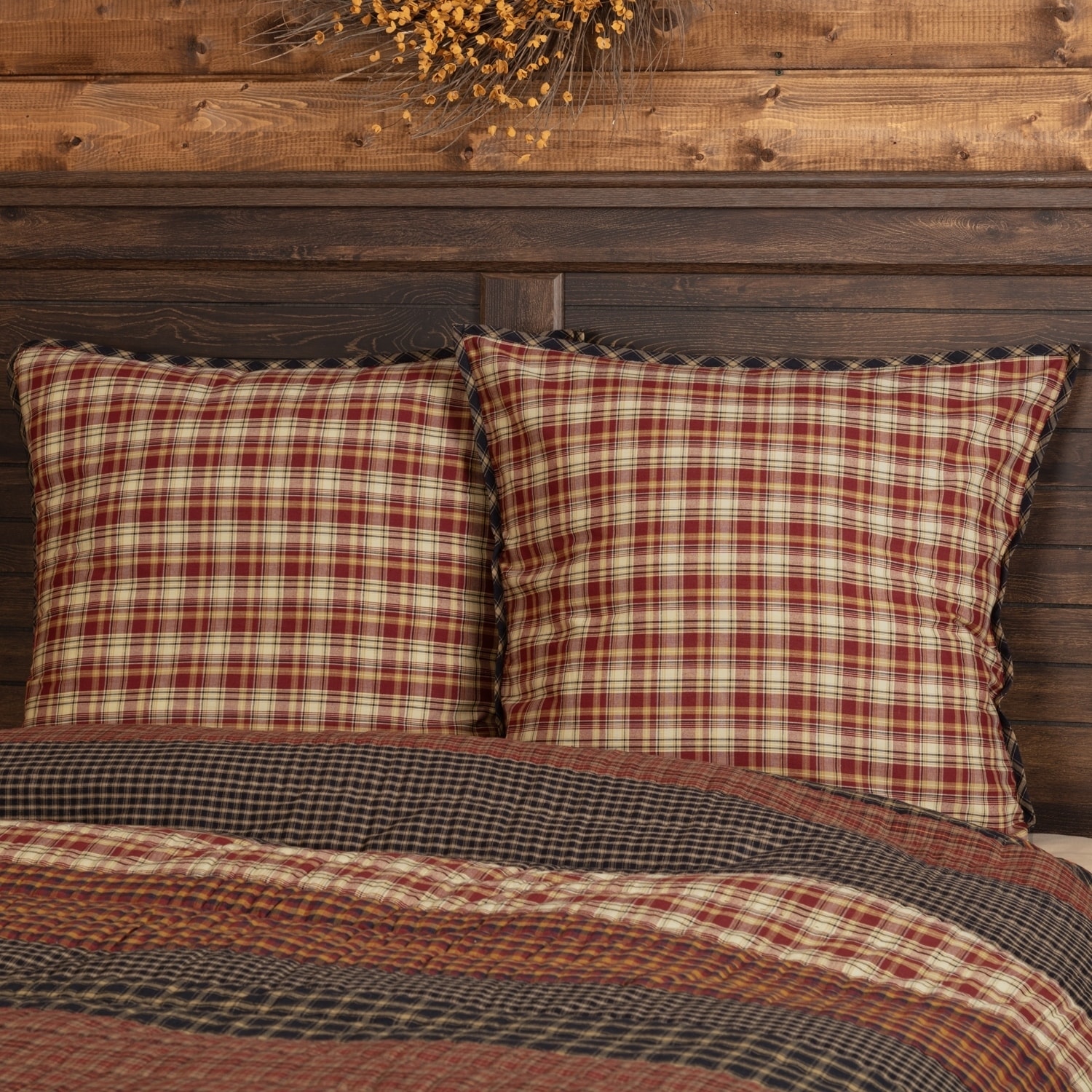 Red Rustic Bedding VHC Beckham Euro Sham Cotton Plaid Rust, Khaki, Soft