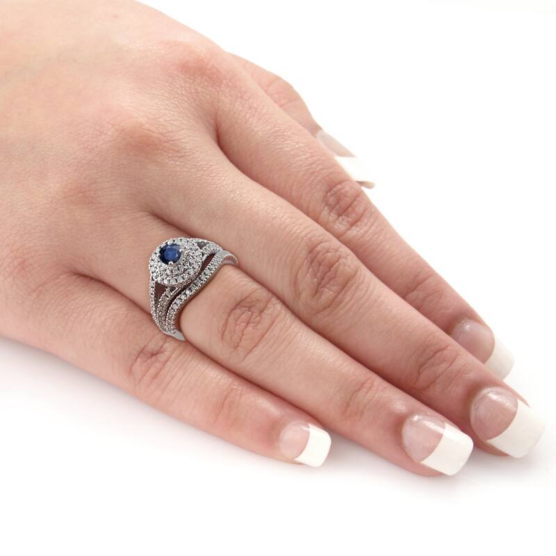 14k Gold 2/5ct Sapphire and 4/5ct TDW Diamond Halo Engagement Ring Set by Auriya