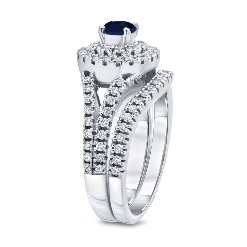 14k Gold 2/5ct Sapphire and 4/5ct TDW Diamond Halo Engagement Ring Set by Auriya