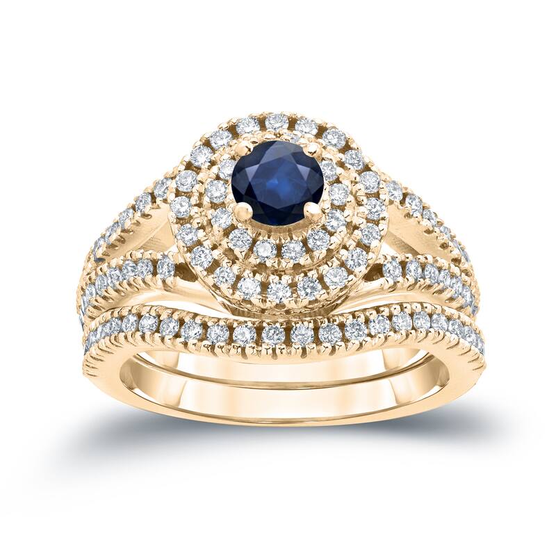 14k Gold 2/5ct Sapphire and 4/5ct TDW Diamond Halo Engagement Ring Set by Auriya