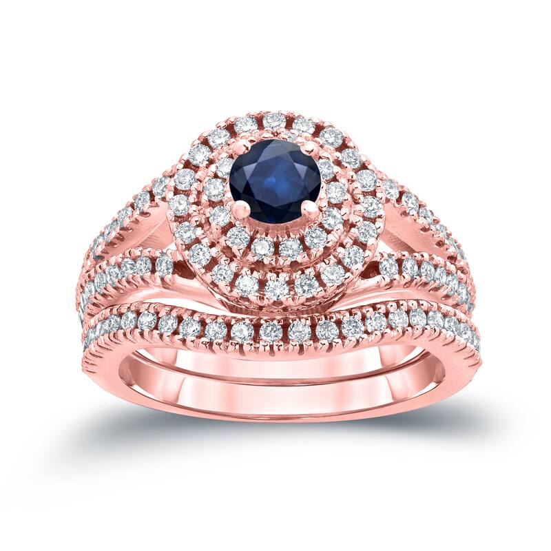 14k Gold 2/5ct Sapphire and 4/5ct TDW Diamond Halo Engagement Ring Set by Auriya