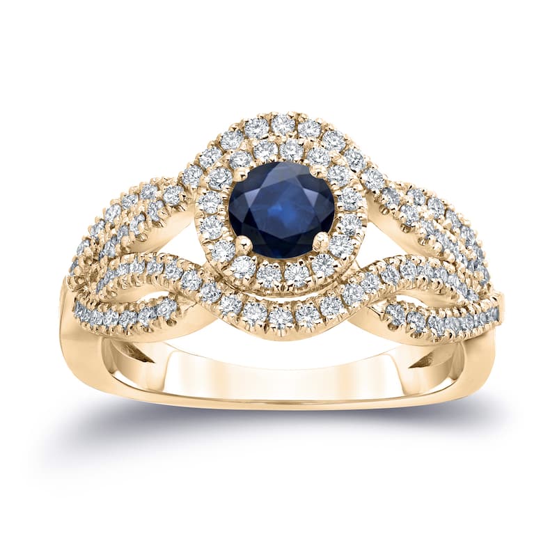 Auriya Infinity 1/2ct Round Blue Sapphire and 1/2ct TDW Diamond Halo Engagement Ring 14k Gold