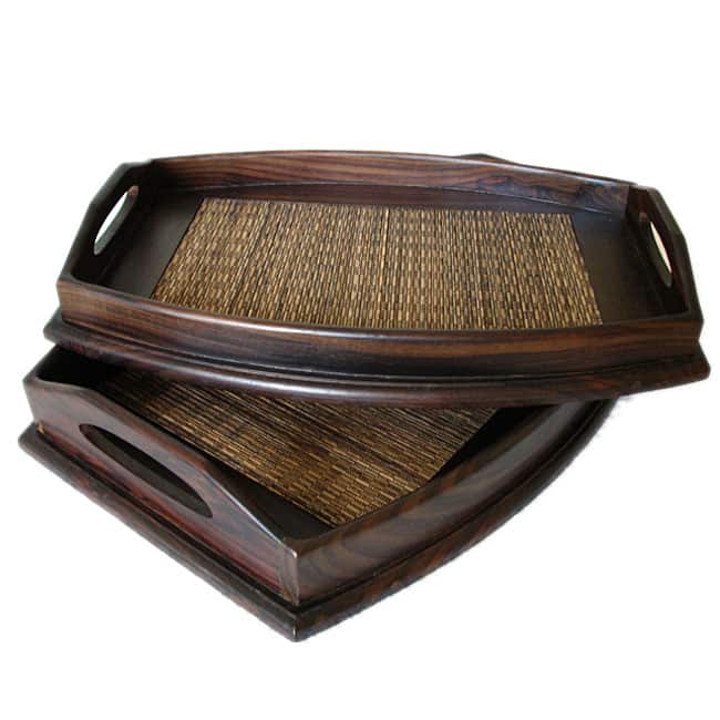 Handmade Set of 2 Wood Bamboo Serving Trays (Indonesia)