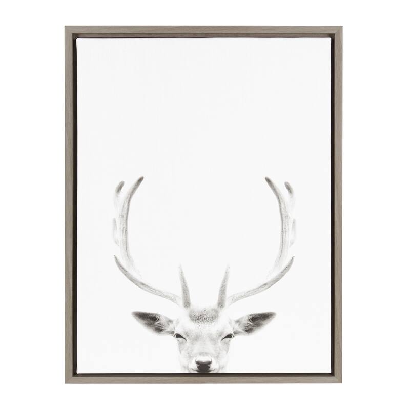 Kate and Laurel Sylvie Deer with Antlers Black and White Portrait Framed Canvas Wall Art by Simon Te Tai, 18x24 Gray