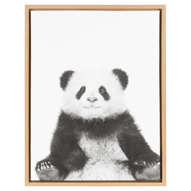 Kate and Laurel Sylvie Panda Animal Print Black and White Portrait Framed Canvas Wall Art by Simon Te Tai, 18x24 Natural