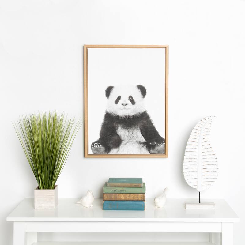 Kate and Laurel Sylvie Panda Animal Print Black and White Portrait Framed Canvas Wall Art by Simon Te Tai, 18x24 Natural