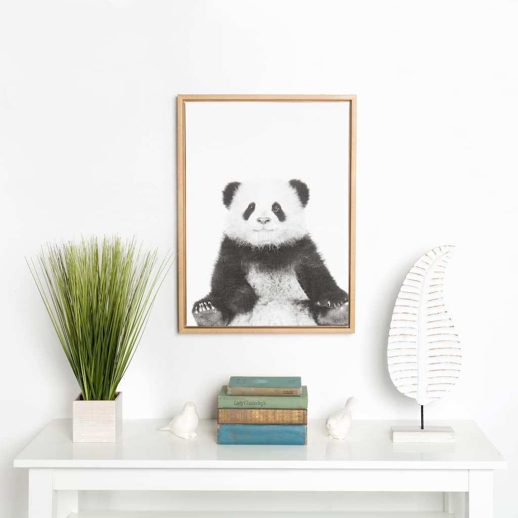 Kate and Laurel Sylvie Panda Animal Print Black and White Portrait Framed Canvas Wall Art by Simon Te Tai, 18x24 Natural