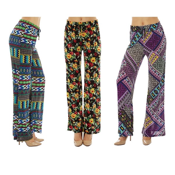 Women Printed Drawstring Waist Palazzo Pants (Pack of 3)