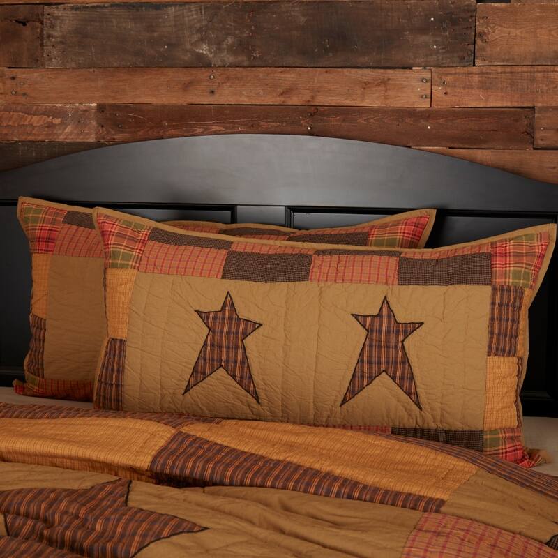 Tan Primitive Bedding VHC Stratton Sham Cotton Star Appliqued - King - Dark Khaki/Red-Orange/Country Black