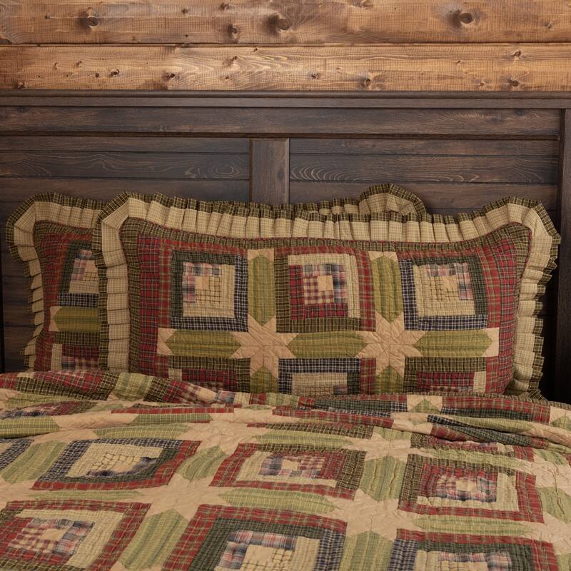 Green Rustic Bedding VHC Tea Cabin Sham Cotton Patchwork - King - Moss Green/Dark Khaki/Deep Red