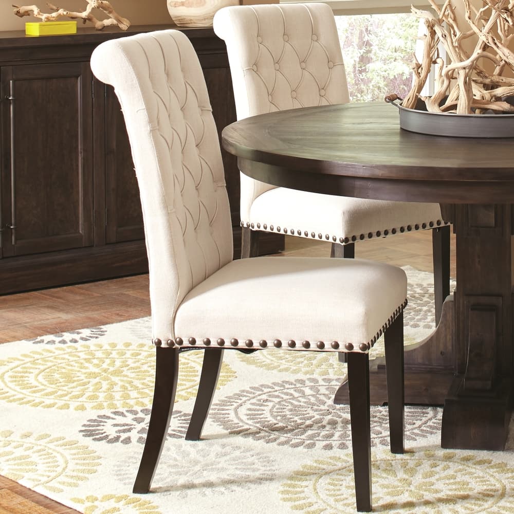 Decorative Rolled Back Button Tufted Dining Chairs with Nailhead Trim (Set of 2)