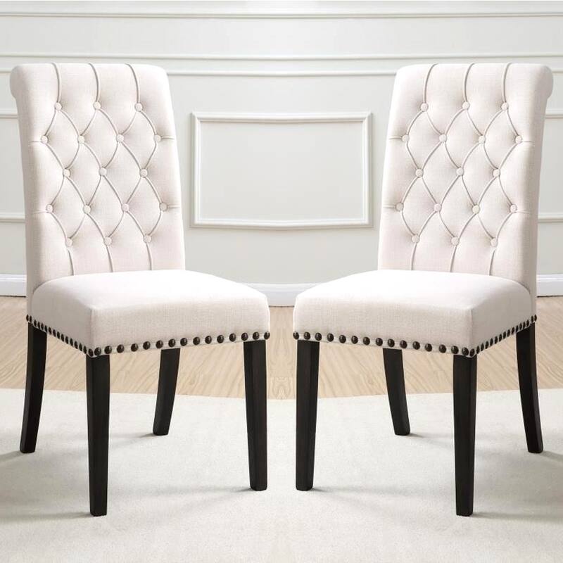 Decorative Rolled Back Button Tufted Dining Chairs with Nailhead Trim (Set of 2)