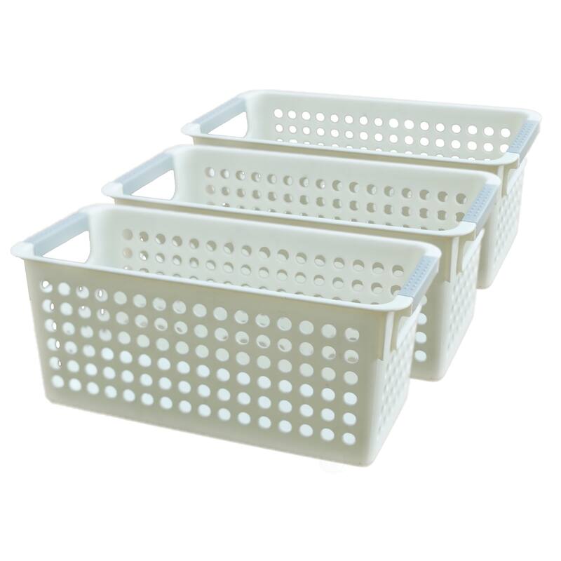 White Rectangular Plastic Shelf Organizer Basket with Handles - Set of 3