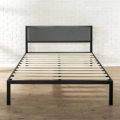 Priage by Zinus Black Steel Platform Bedframe w/ Grey Fabric Headboard