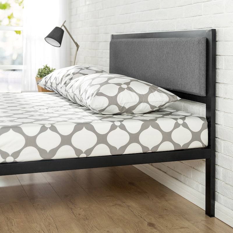 Priage by Zinus Black Steel Platform Bedframe w/ Grey Fabric Headboard