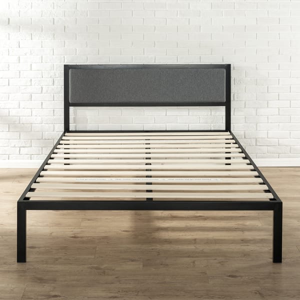 slide 2 of 10, Priage by Zinus Black Steel Platform Bedframe w/ Grey Fabric Headboard