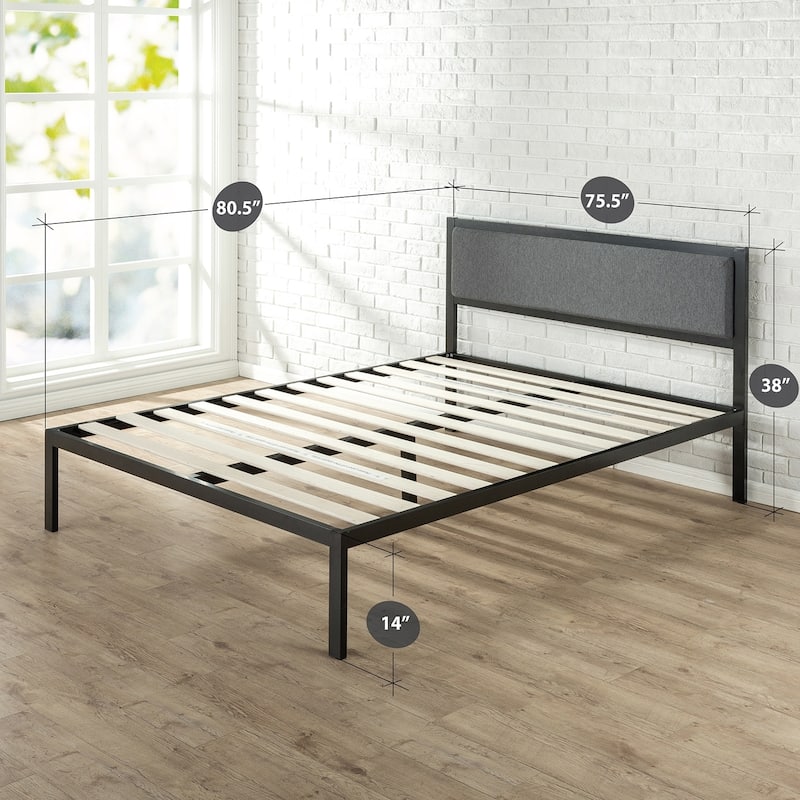 Priage by Zinus Black Steel Platform Bedframe w/ Grey Fabric Headboard - King
