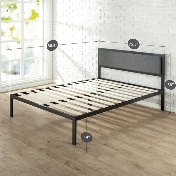dimension image slide 2 of 4, Priage by Zinus Black Steel Platform Bedframe w/ Grey Fabric Headboard
